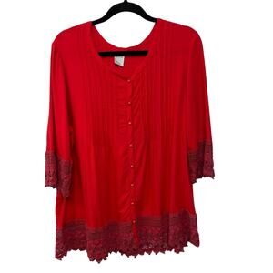 Blair Red Blouse Lace Crochet Button Front‎ Top 3/4 Sleeve Dark Boho Women XL